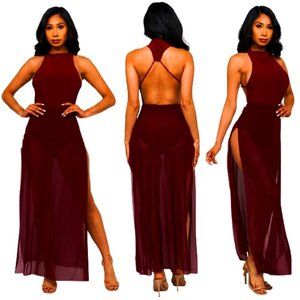 Bodysuit Maxi Dress Burgundy Sheer Sleeveless